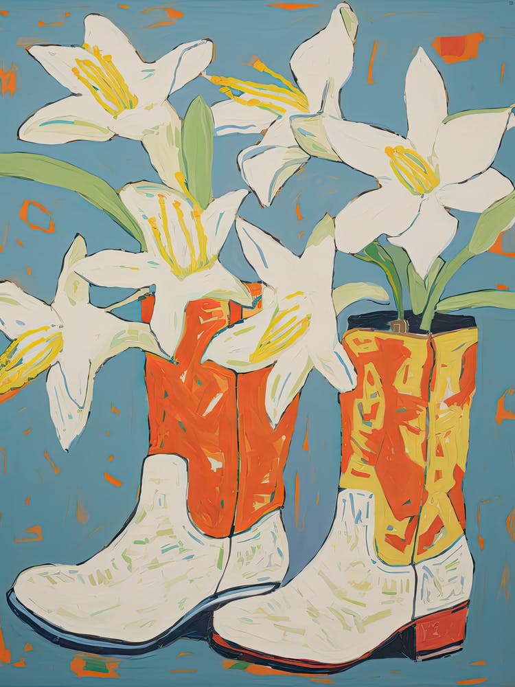 Painting Of White Flowers And Cowboy Boots, Oil Style 6