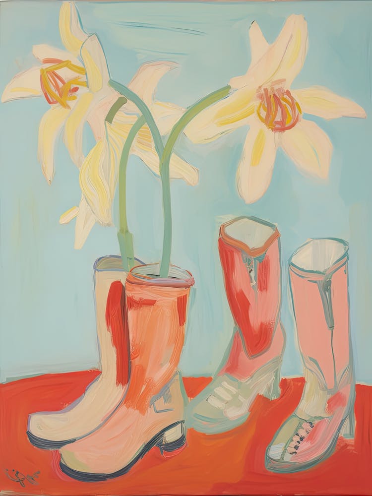 A Painting Of Cowboy Boots With Daffodils Flowers, Fauvist Style, Still Life 6