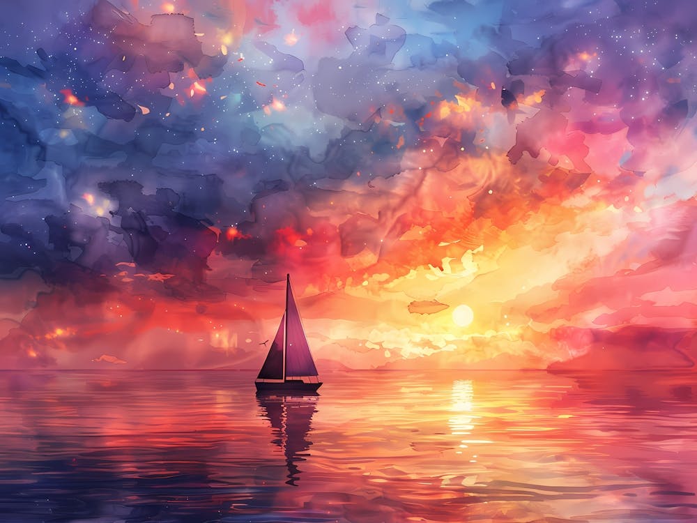 Watercolor Sailboat At Sunset 16