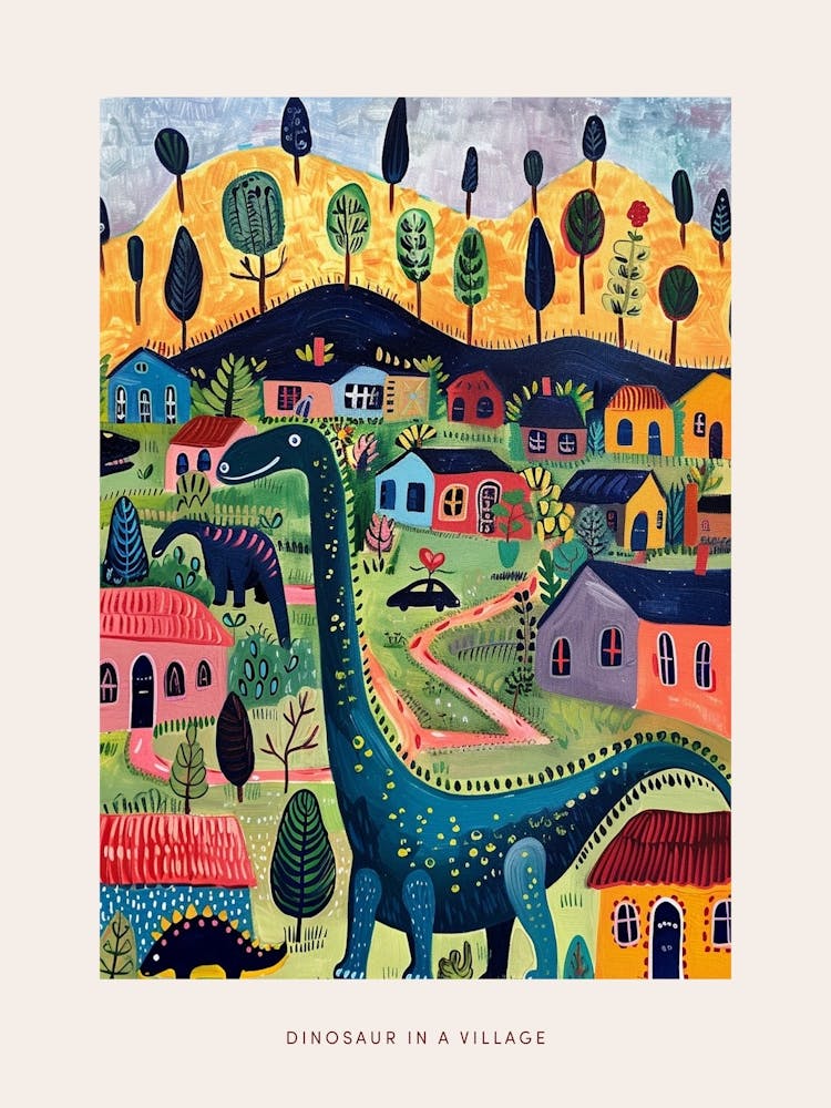 Cute Colourful Dinosaur In A Village 3 Poster