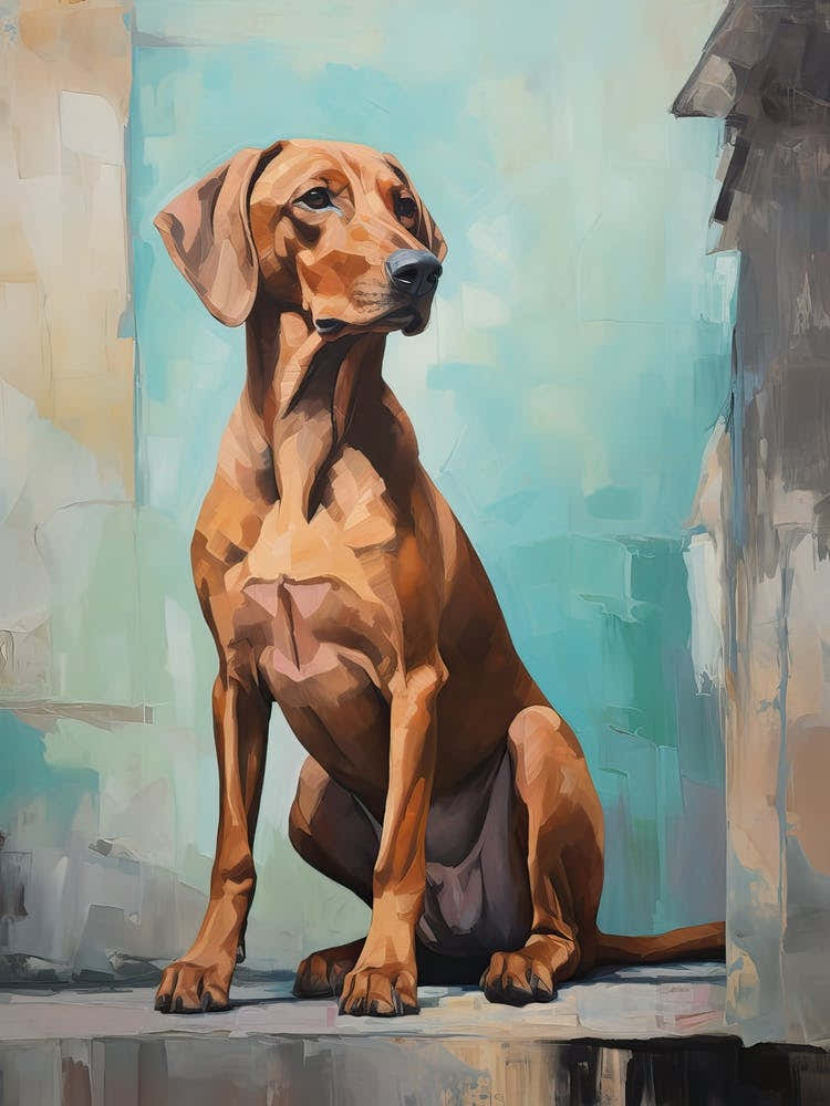 Rhodesian Ridgeback Dog, Painting In Light Teal And Brown 2