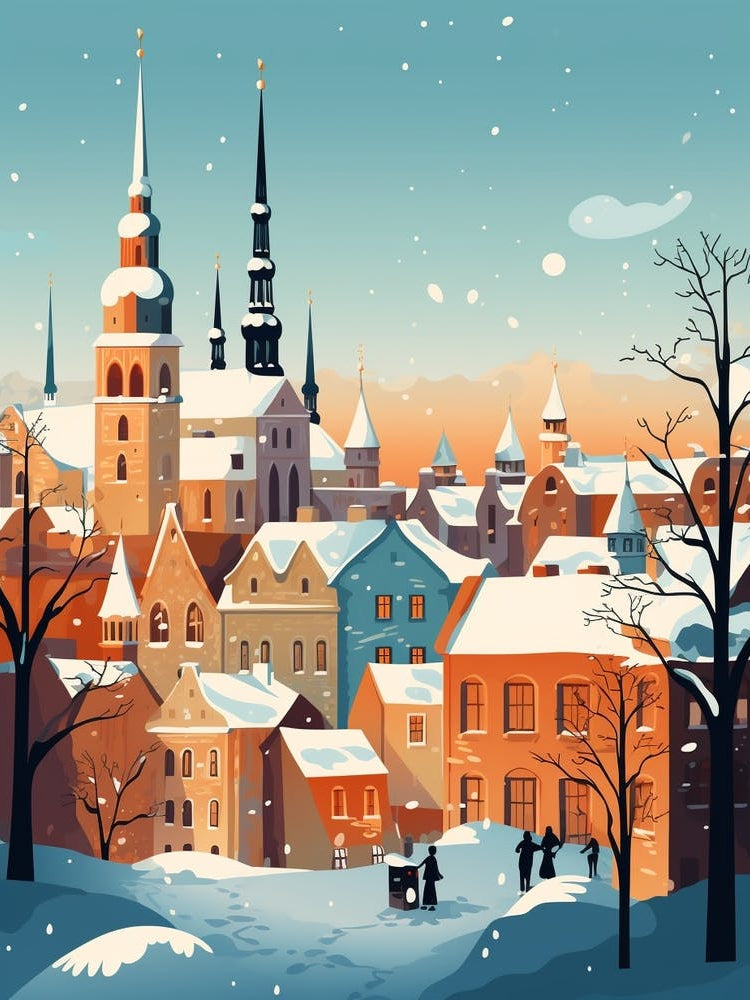 Winter Travel Night Illustration Tallinn Estonia 2
