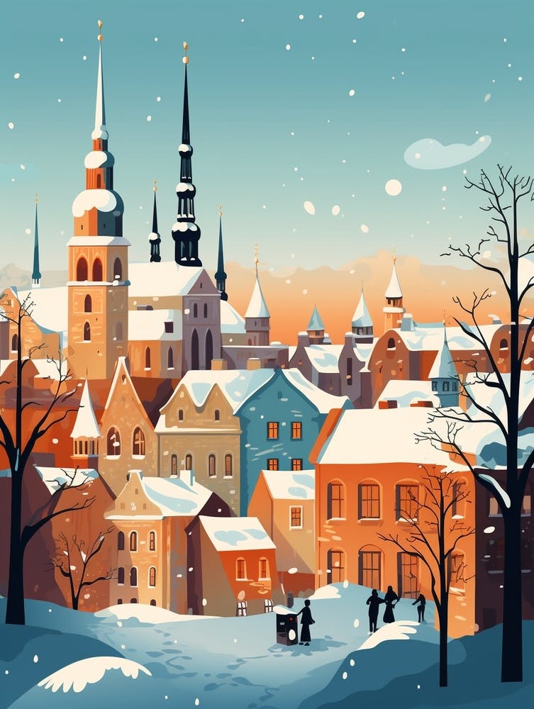 Winter Travel Night Illustration Tallinn Estonia 2