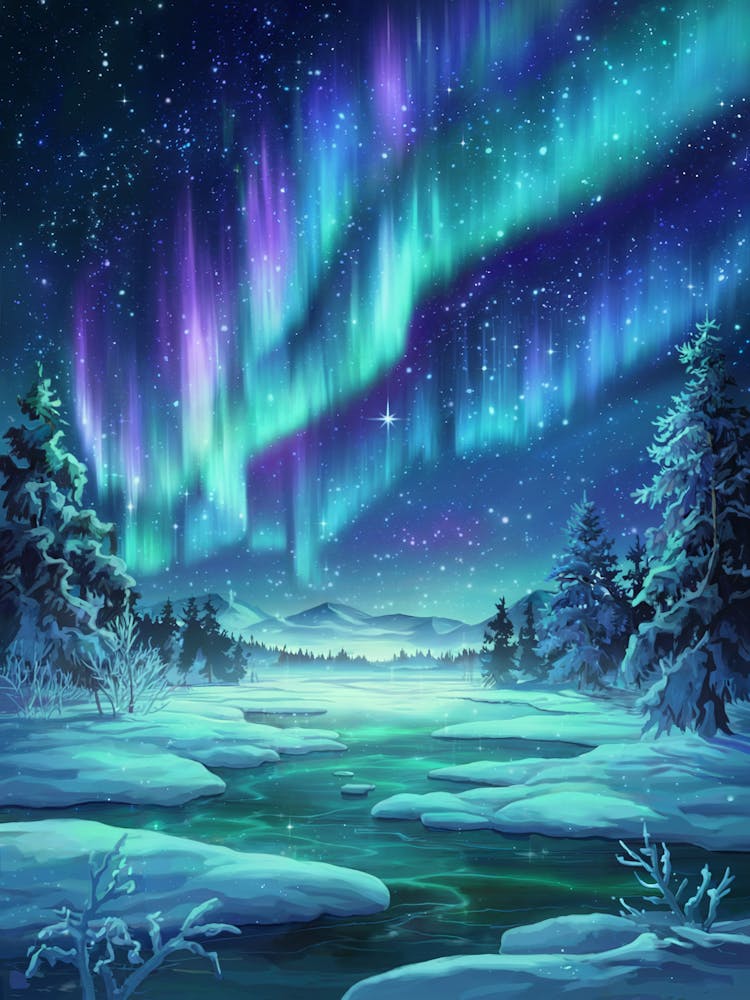 Anime Canvas Art: Magical Winter Night with Aurora Borealis and Snowy Landscape, Perfect for Lofi Aesthetic and Dreamy Nature Art Fans.