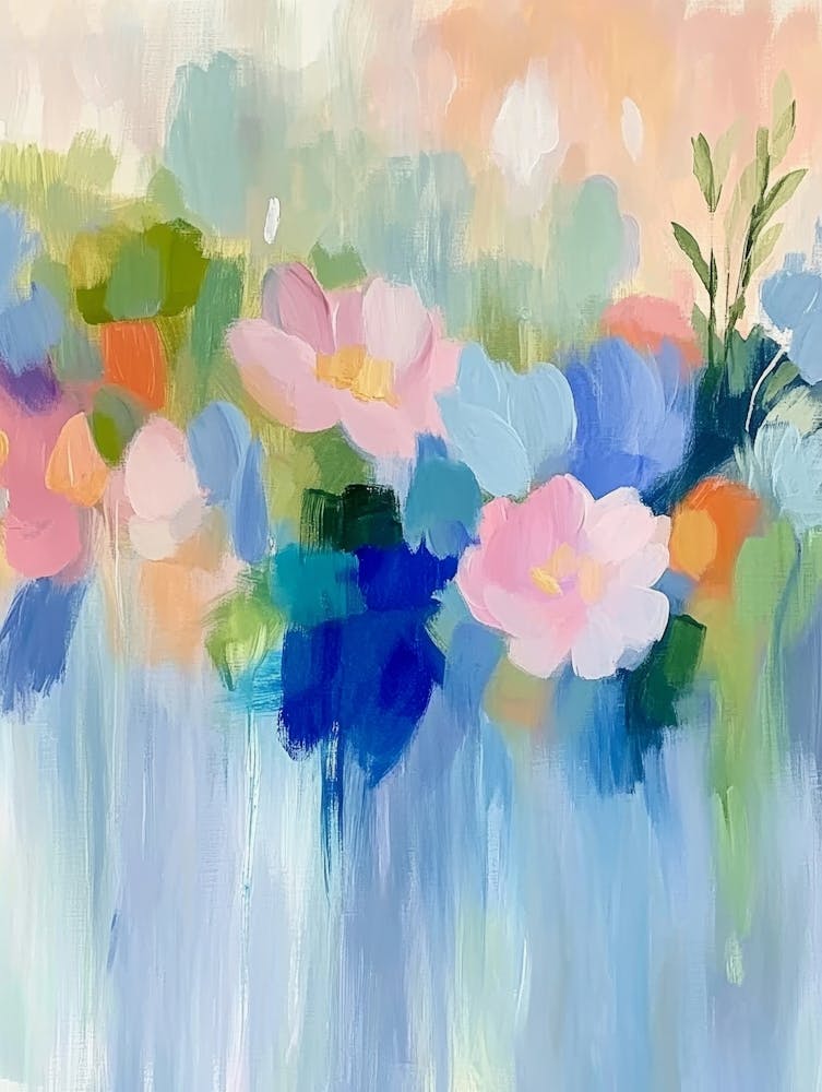 A Colorful Abstract Painting Depicting A Floral Scene With Brushstrokes Of Blue, Green, And Pink