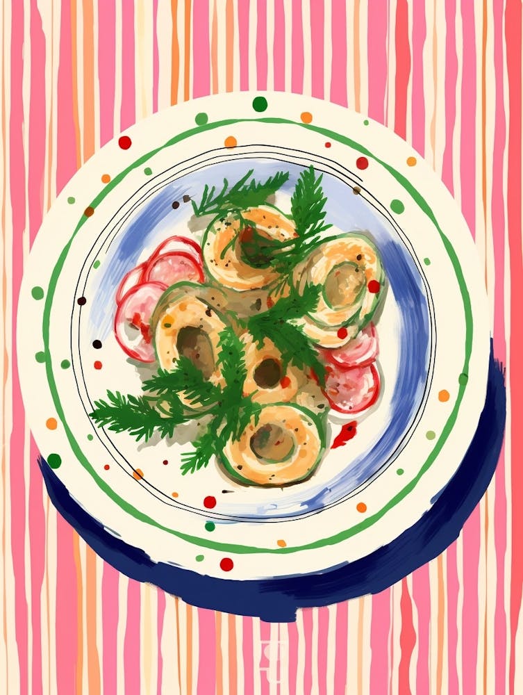 Ein Teller Calamari Draufsicht Lebensmittelillustration 1