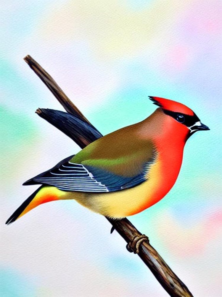 Cedar Waxwing Watercolour Bird