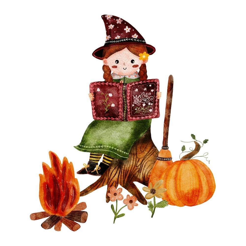 Cute Witch Reading A Book by fire