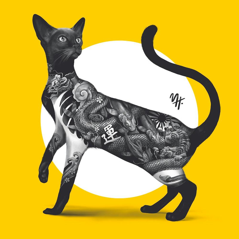 Japanese Cat Tattoo Yellow Square