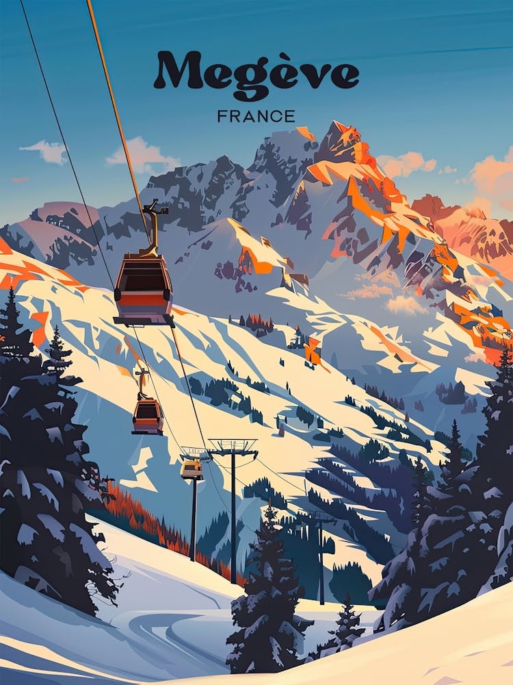Megeve France Ski Resort Digital Travel Illustration