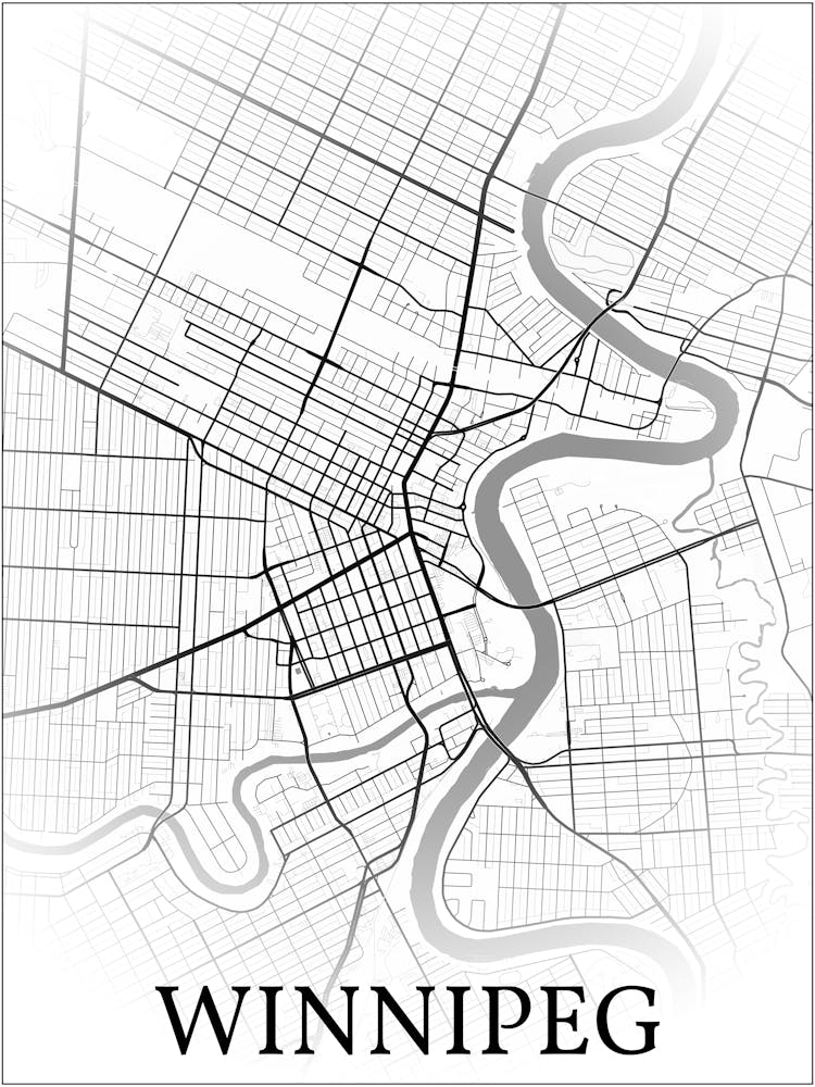 Winnipeg, Manitoba, Canada, City Map, Black And White Fade Design