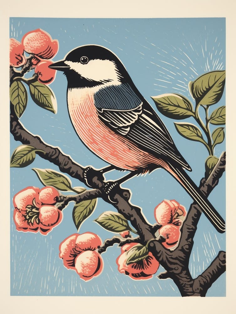 Vintage Bird Linocut Carolina Chickadee 4