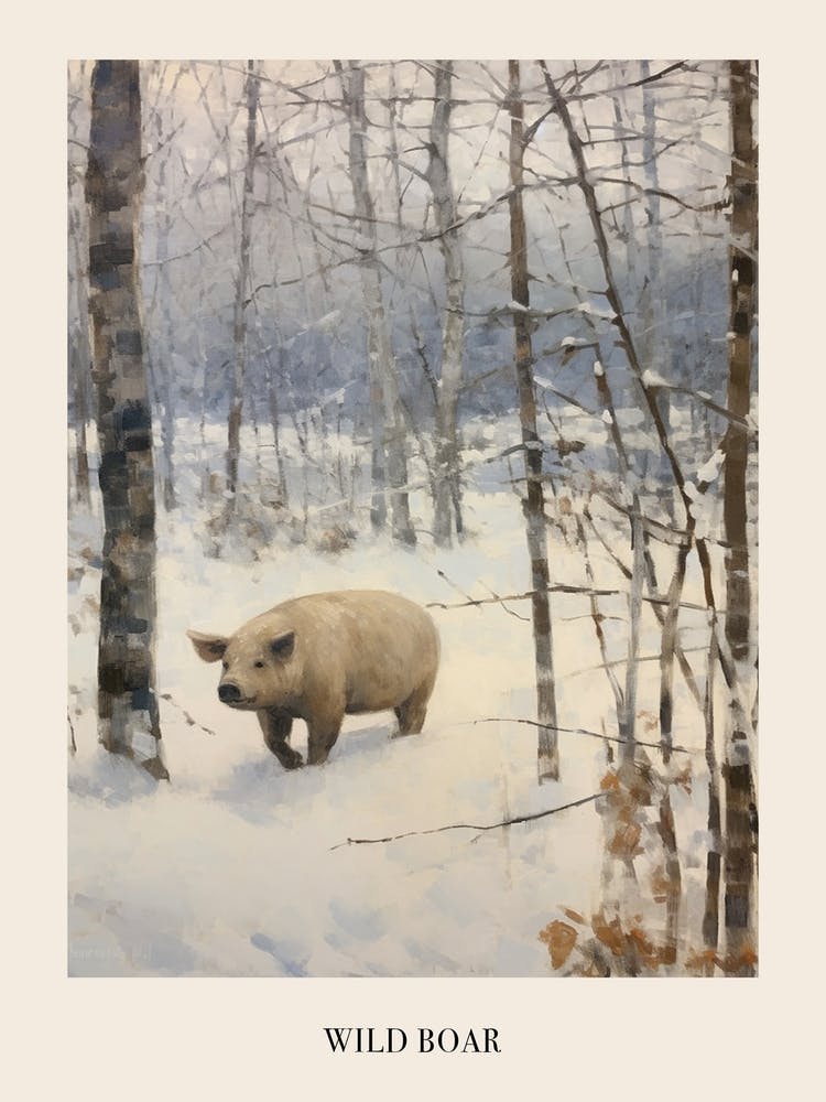 Vintage Winter Animal Painting Poster Wild Boar 2