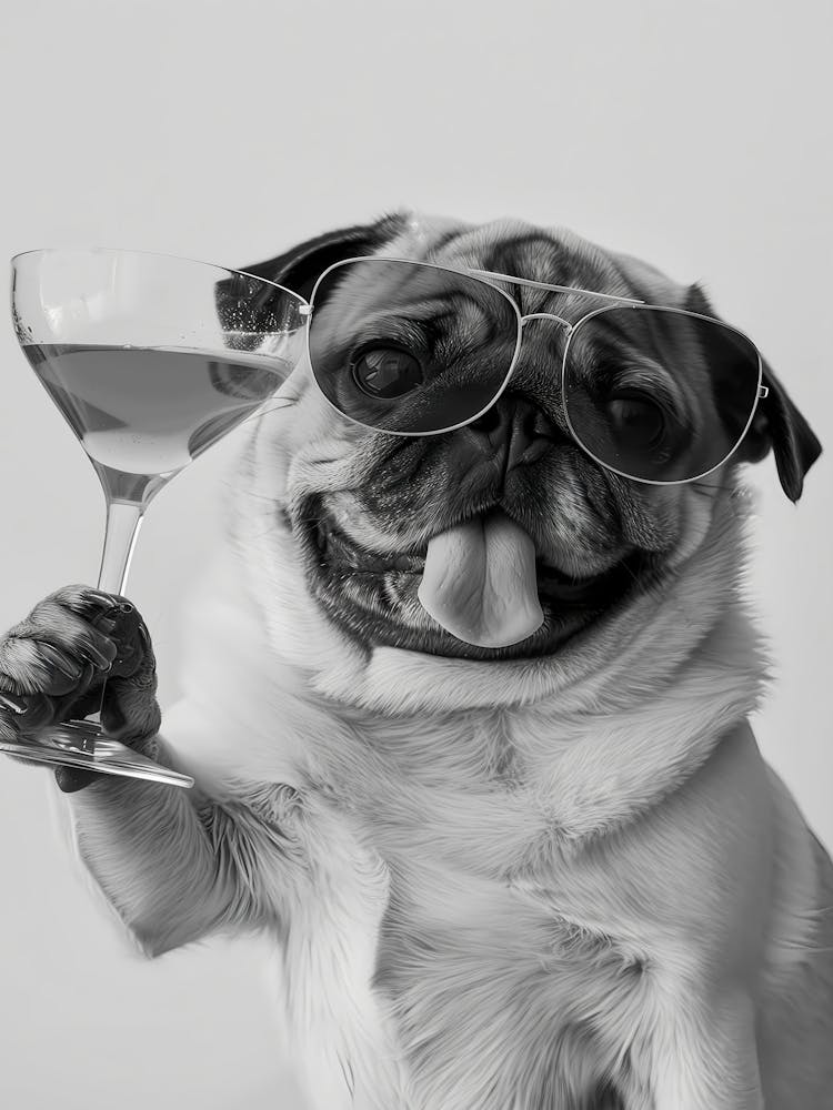 Pug Holding Cocktail Wall Art, Black And White Print, Dog Gift, Pug Martini Alcohol Print, Funny Dog Poster, Bar Cart Art Decor