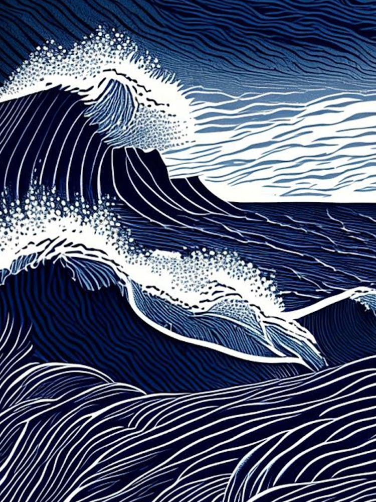 Crashing Waves Landscapes Waterscape Linocut 1