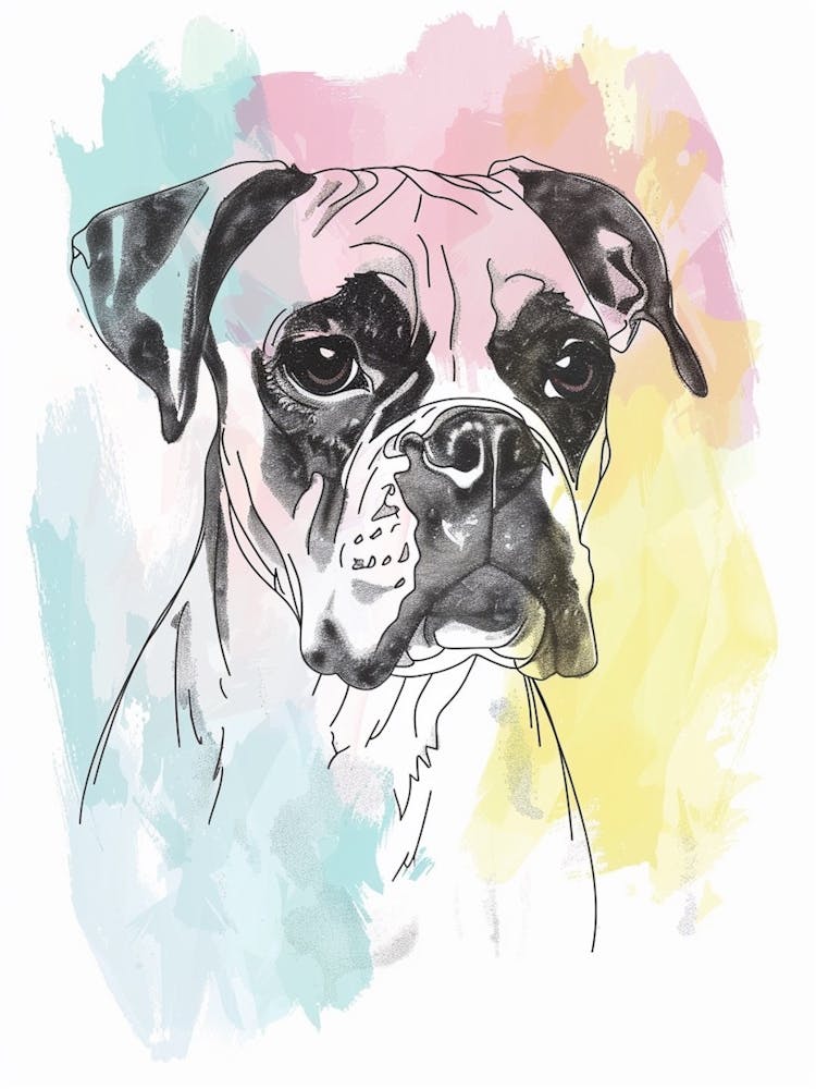 Boxer Dog Pastel Watercolour Line Illustration