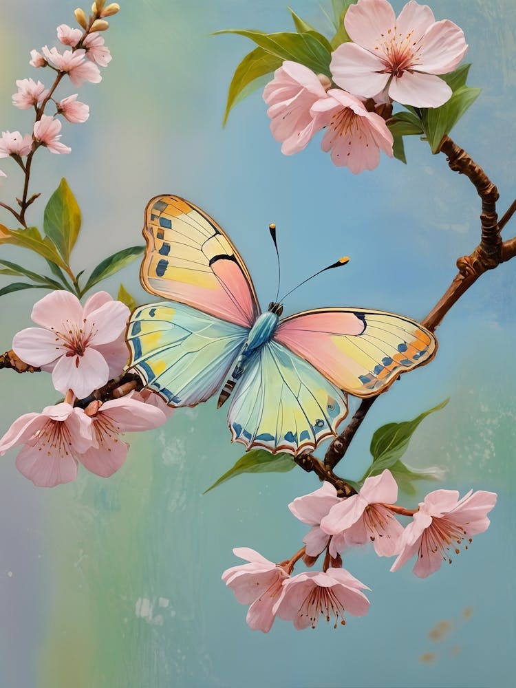 Pastel Coloured Butterfly On Cherry Blossoms