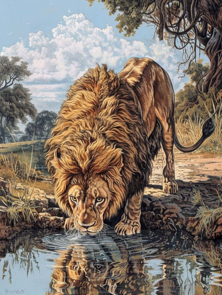 Barbary Lion Relief Illustration Drinking 1