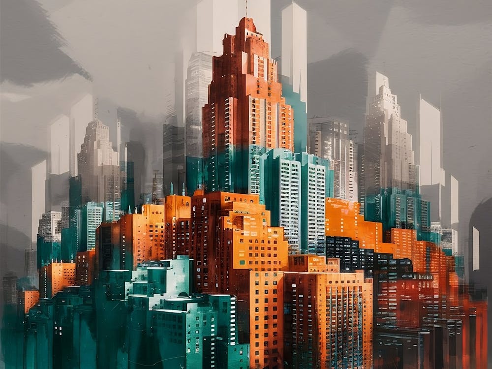 Spectacular Urban Cityscape Skyscraper Abstract Art Watercolor Painting