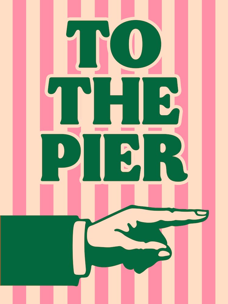To The Pier Pink Green Right Retro Seaside Coastal Print