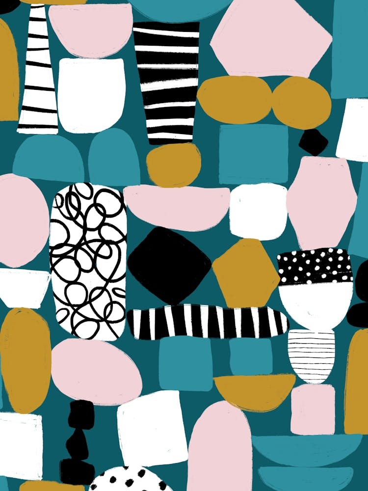 Abstract Shapes Pink Teal White Gold Contemporary Pattern