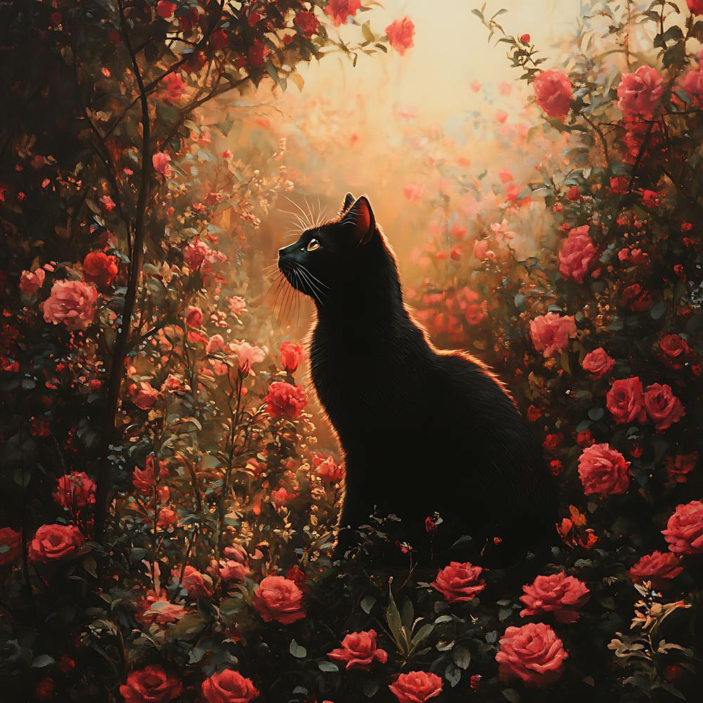 Black Cat in a Floral Sunset Garden 2
