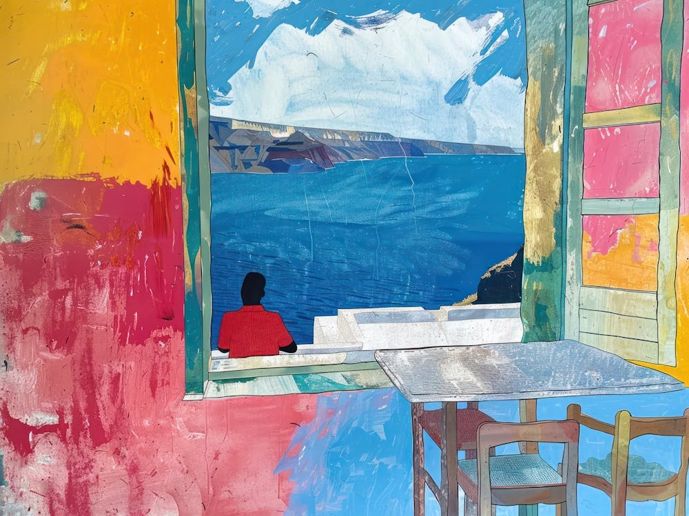 Santorini From The Window View Painting 3