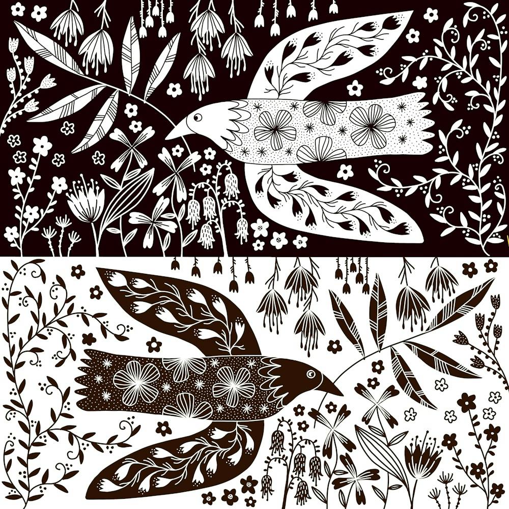 Peace Doves And Flowers Black and White