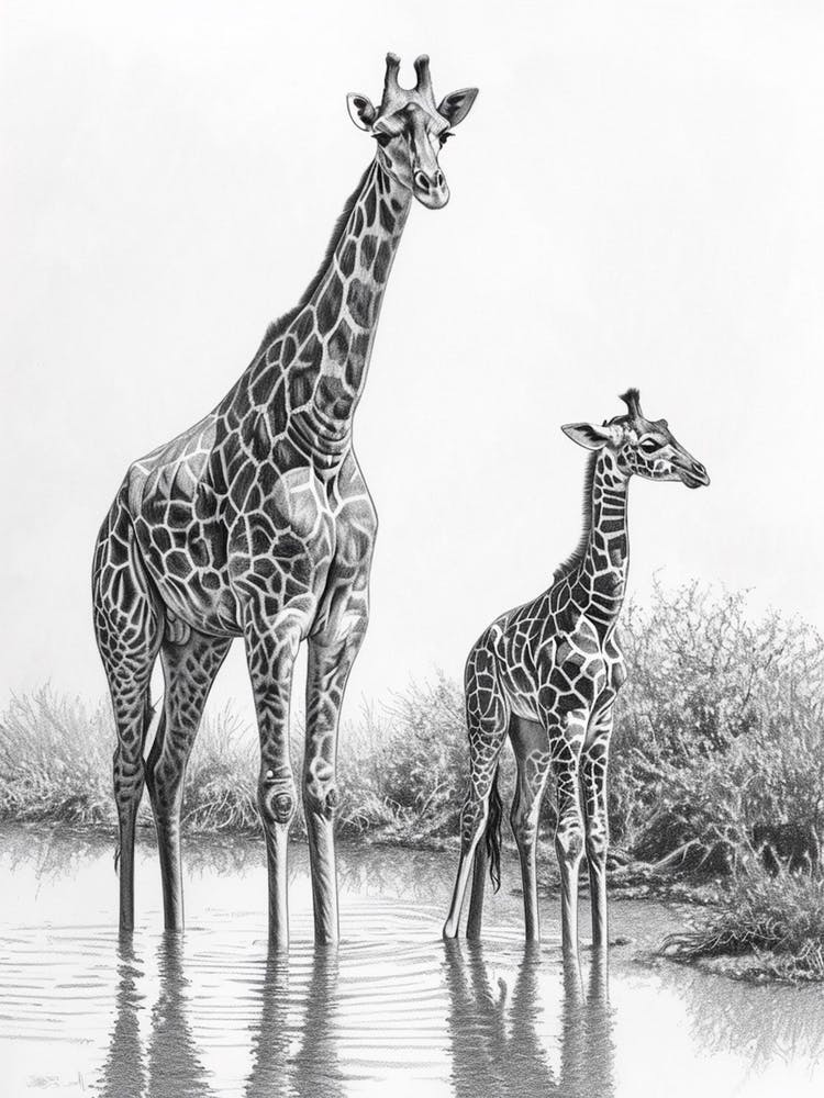 Giraffe & Calf Pencil Portrait  2