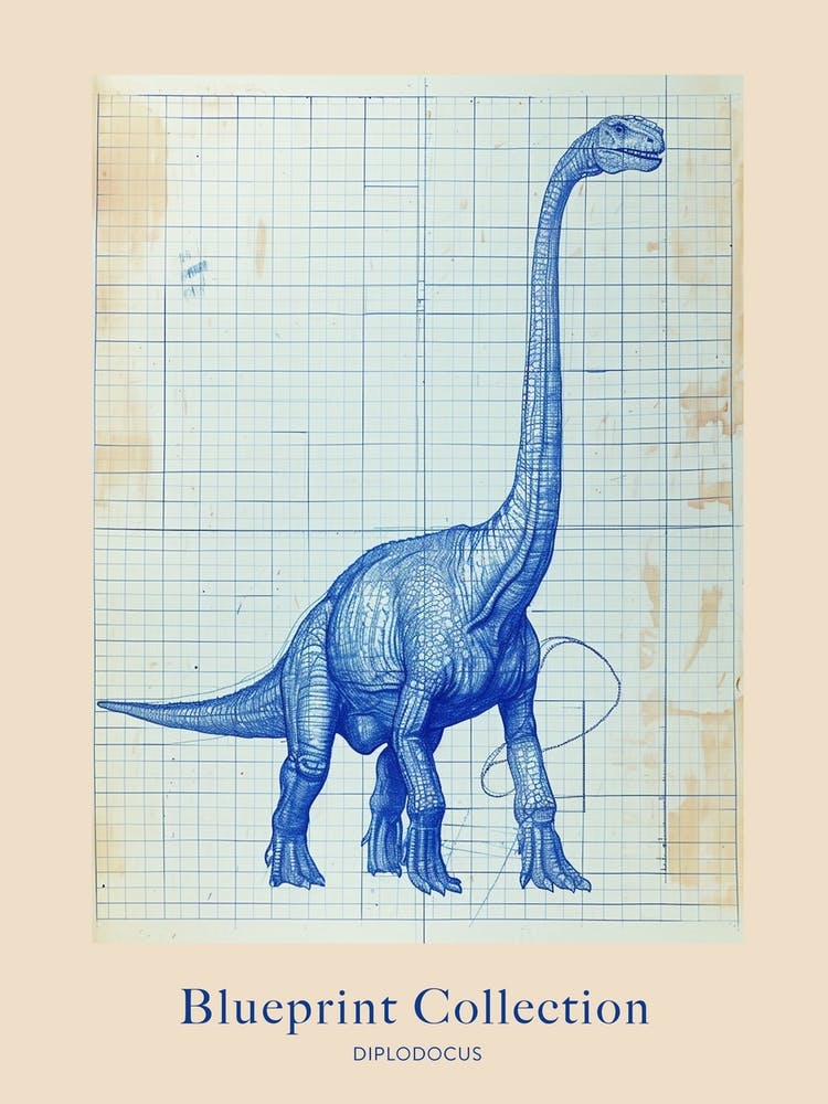 Diplodocus Dinosaur Blue Print Sketch 1 Poster