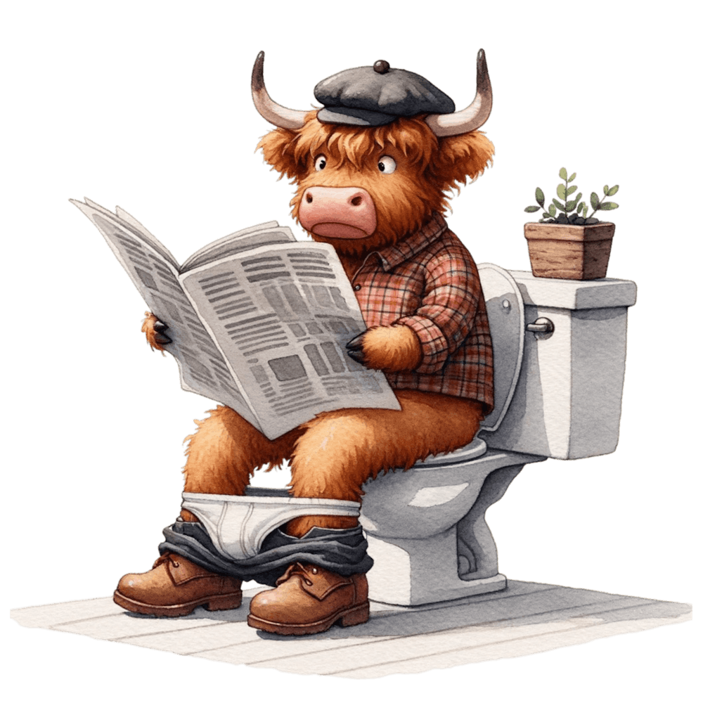 Cow Reading Newspaper on Toilet