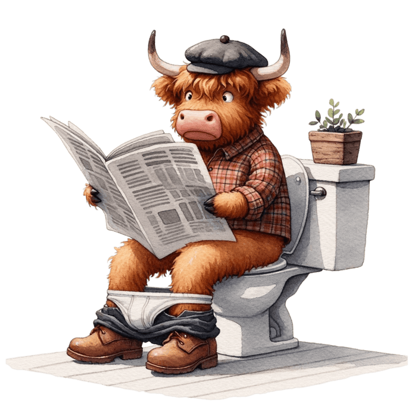 Cow Reading Newspaper on Toilet