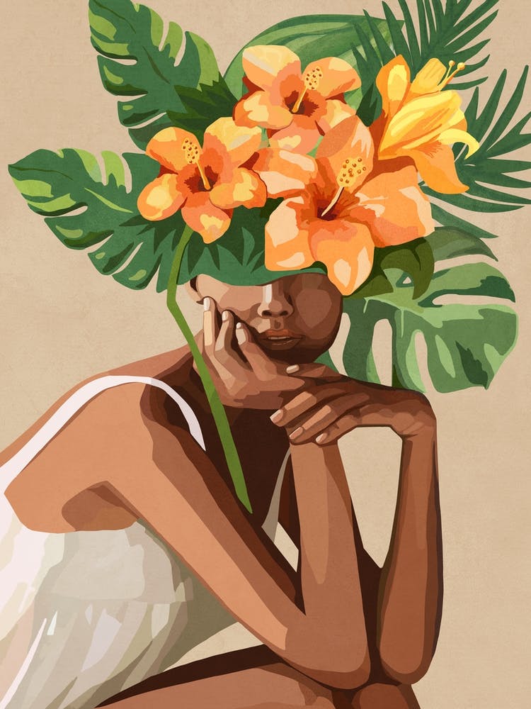 Woman with tropical flowers and leaves on the head 1