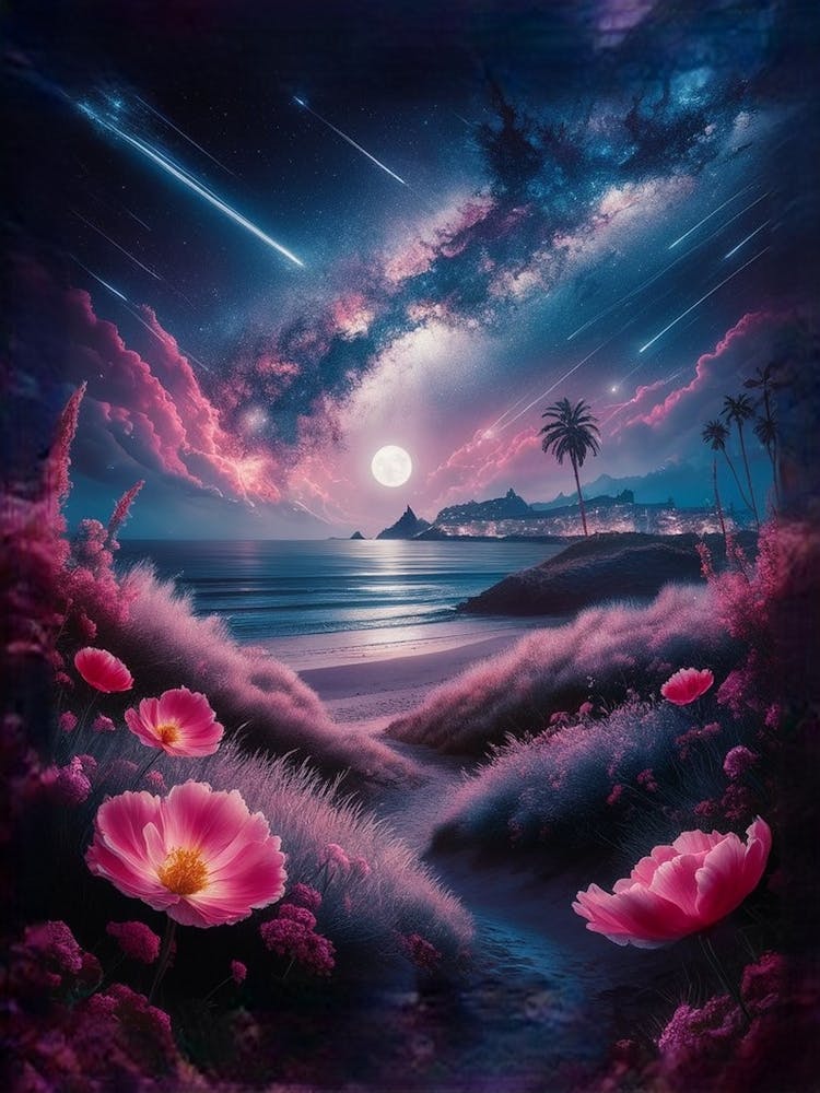 Night Sky With Pink Flowers