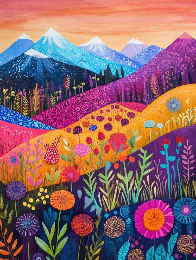 Farbenfrohe Landschaft Mit Berg und Blumen 18