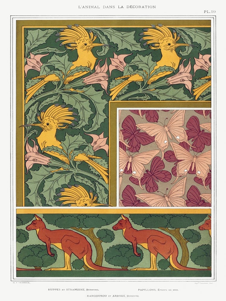 Hooposes And Jimsongrass, Butterflies, Kangaroo And Trees From The Animal In The Decoration (1897), Maurice Pillard Verneuil