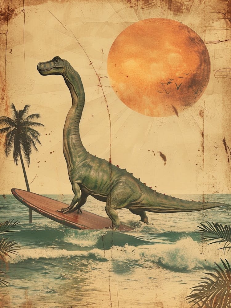 Vintage Brontosaurus Dinosaur On A Surf Board    3