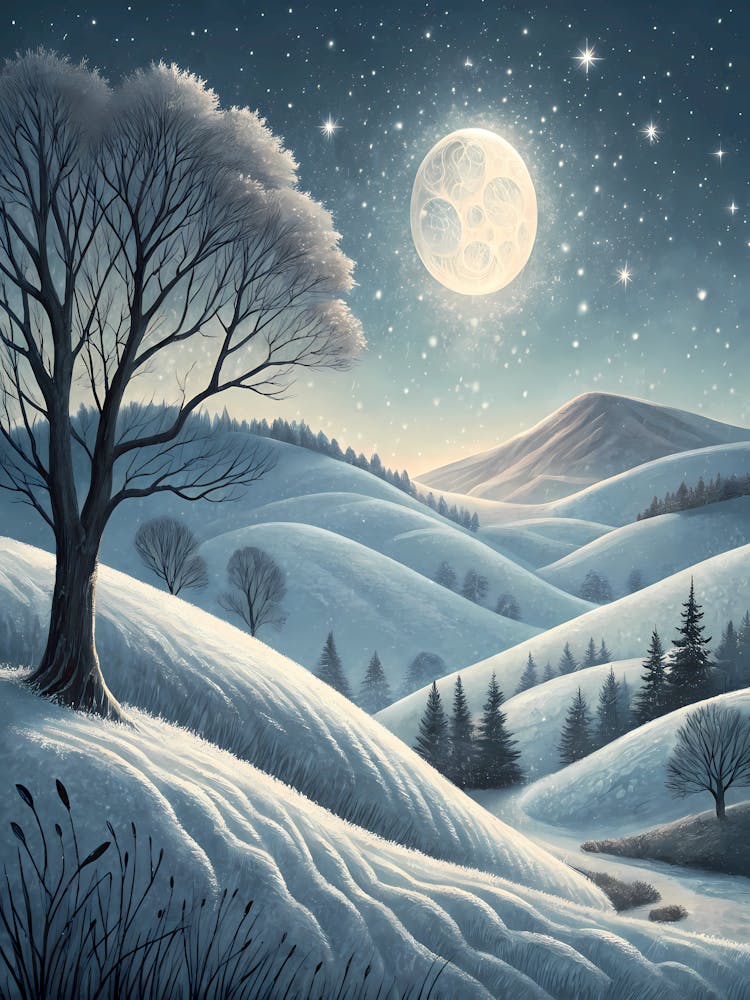 Moonlit Snowy Hills Winter Landscape Oil Painting