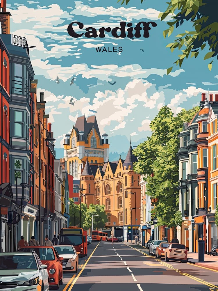 Cardiff Wales Cityscape Digital Travel Illustration