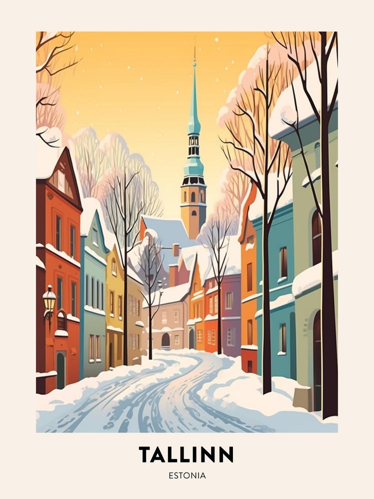 Vintage Winter Travel Poster Tallinn Estonia 1