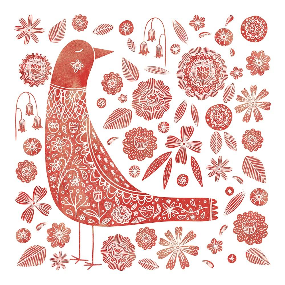 Scandinavian Bird And Flowers Red and White