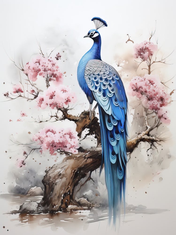 Peacock, Japanese Brush Painting, Ukiyo E, Minimal 5