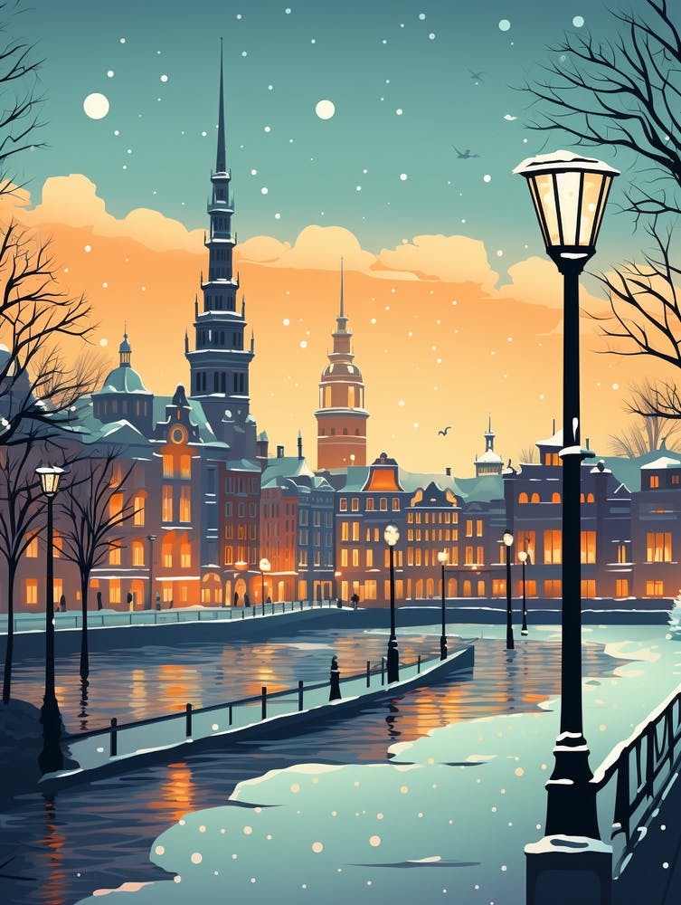 Winter Travel Night Illustration Hamburg Germany 1