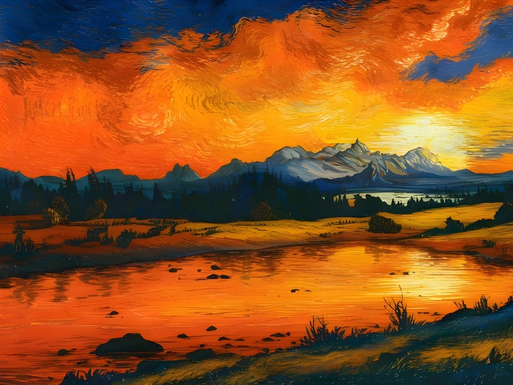 Breathtaking sunset over tranquil mountain lake