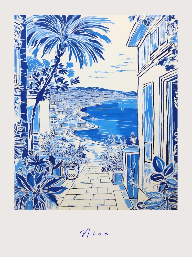 Nice France 3 - Affiche Dessin Bleu Méditerranéen