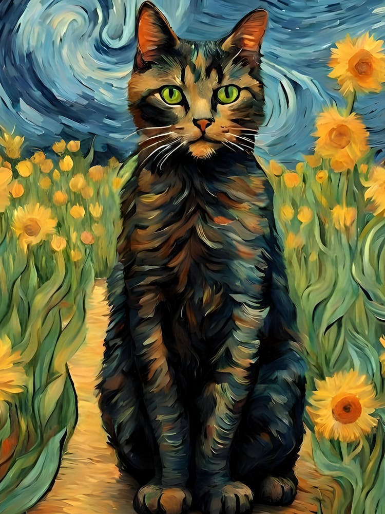 Cat In Sunflower Field