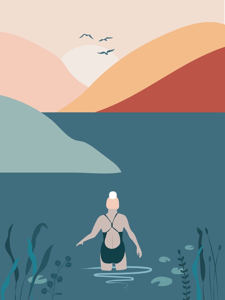 Woman Wild Swimming In Lake At Sunset
