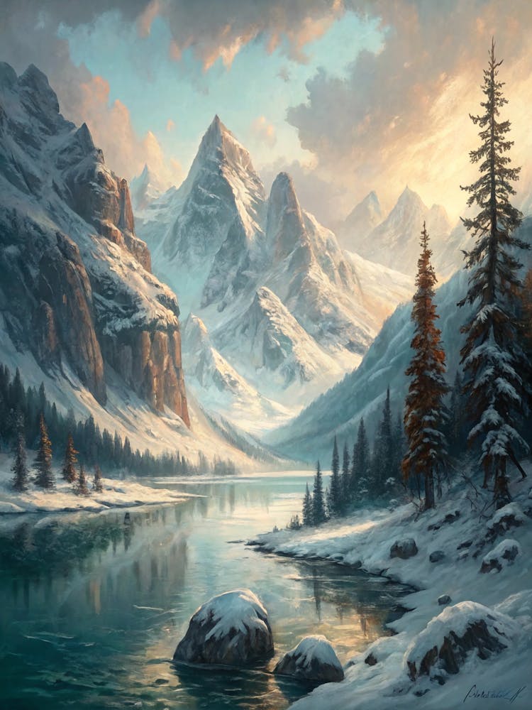 Oil Painting Style Silent Fjord With Snowy Mountain