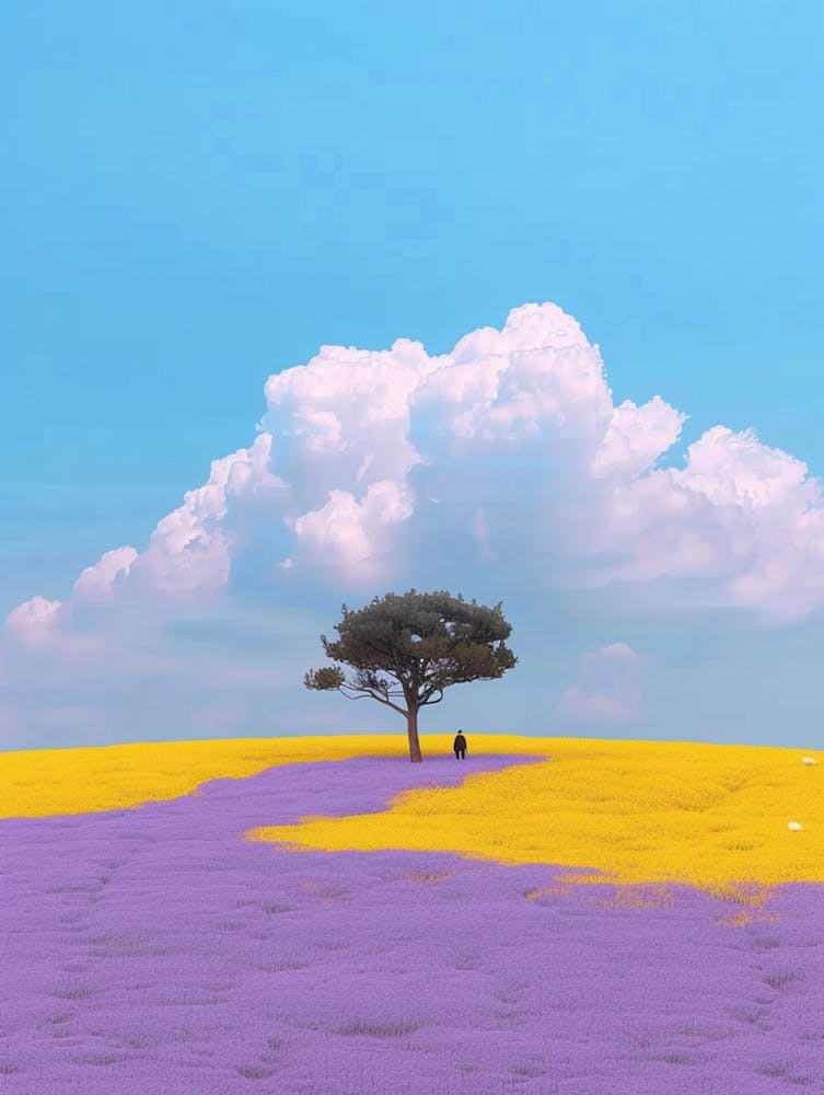 3d Illustration Of A Yellow And Purple Grain Field, The Huge Cloud Layer Covers Part Of The Grass In The Style Of A Minimalist Artist,A Lonely Tree Stands In It 1