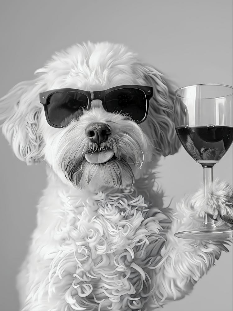 Cavachon Drinking Wine Wall Art, Black And White Print, Cavachon Bar Cart Print, Dog Gift, Funny Dog Poster, Bar Decor, Kitchen Decor